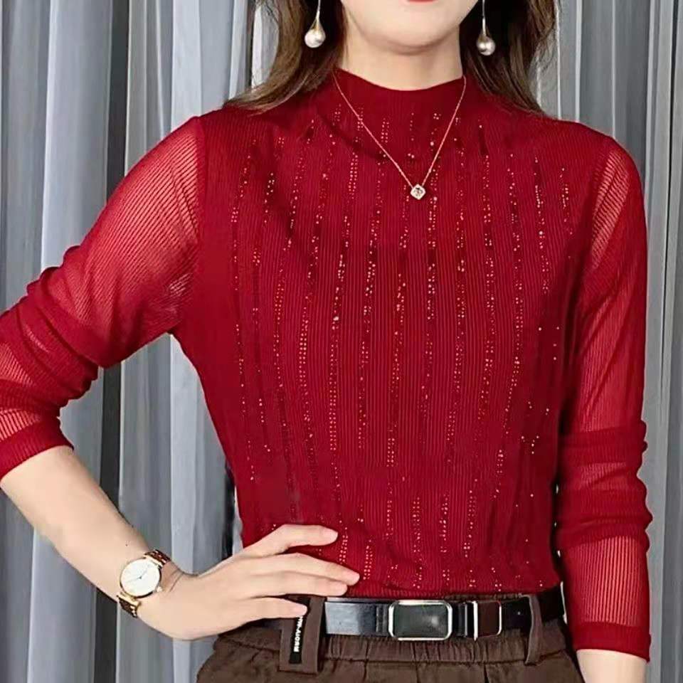 

Осень/зима новая рубашка с сетчатым низом, облегающий топ с длинными рукавами, женские теплые пуловеры, футболка M красный