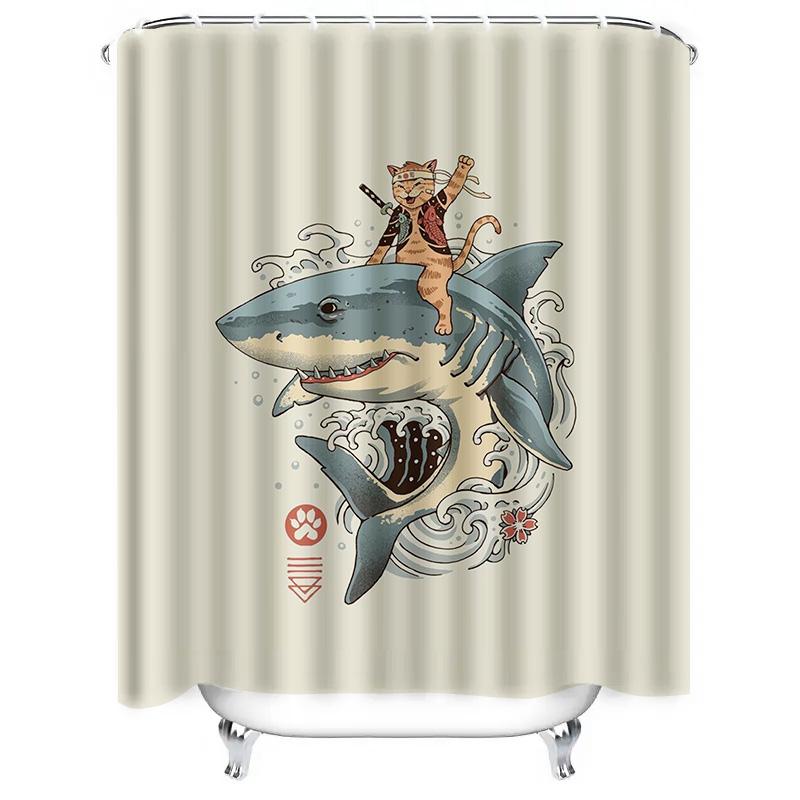 Cat Riding Shark Waterproof Shower Curtain Heat Resistant Machine Washable Non-Transparent 180x180cm