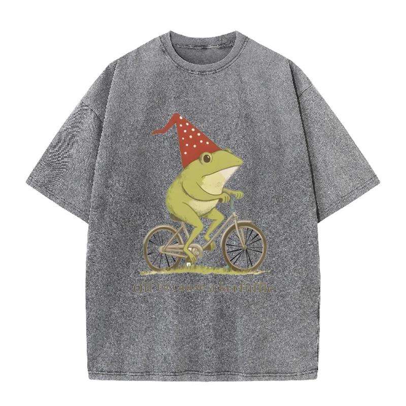 Lustiger Frosch Fahrrad Druck Vintage Gewaschen Grau Lässig Streetwear T-Shirt