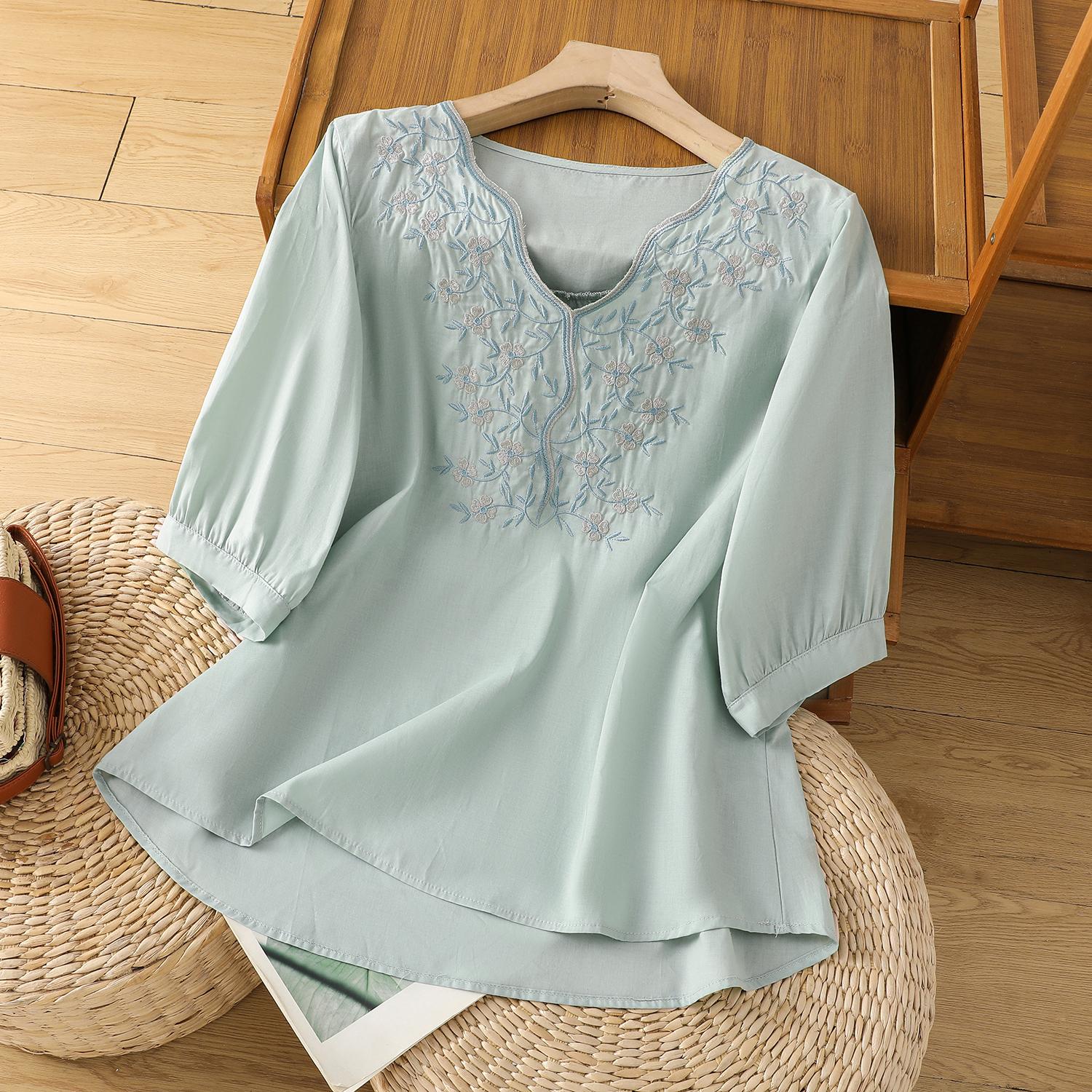 

Dimanaf 2025 Новые летние футболки больших размеров для женщин с V-образным вырезом и коротким рукавом из винтажного льна, свободные топы, футболки макси 2XL зелёный