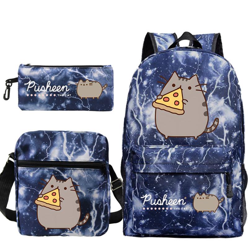 Pusheen fette Katze niedlicher Cartoon bedruckter Schulranzen grenzüberschreitende Studenten tragbare Umhängetasche Federmäppchen dreiteiliges Set