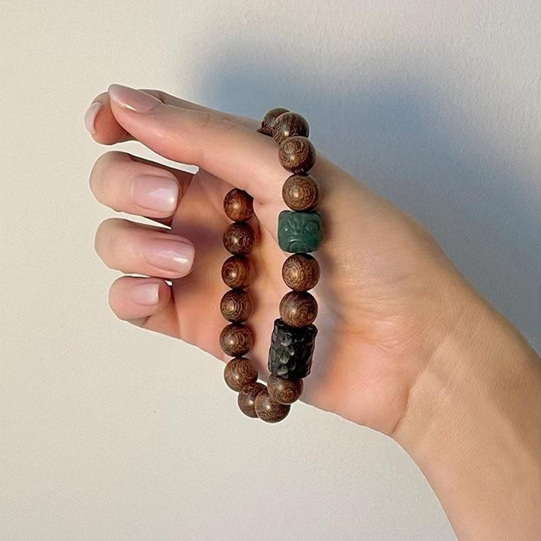 Golden Sandalwood Bracelet with Buddha Beads, Lion Wood Carving, Natural Ebony Wood, Cool and Vintage Style, Couple s Artistic Bracelet Lion Dance Bracelet(Men