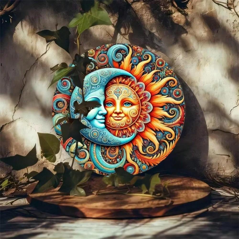 Iron Wall Art Sun and Moon Metal Decor Blue Gold Wooden Nordic Home