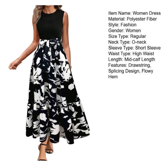Women Summer Dress Round Neck Short Sleeve Printing Splicing Design Midi Dress Flowy Hem Beach Party Dress