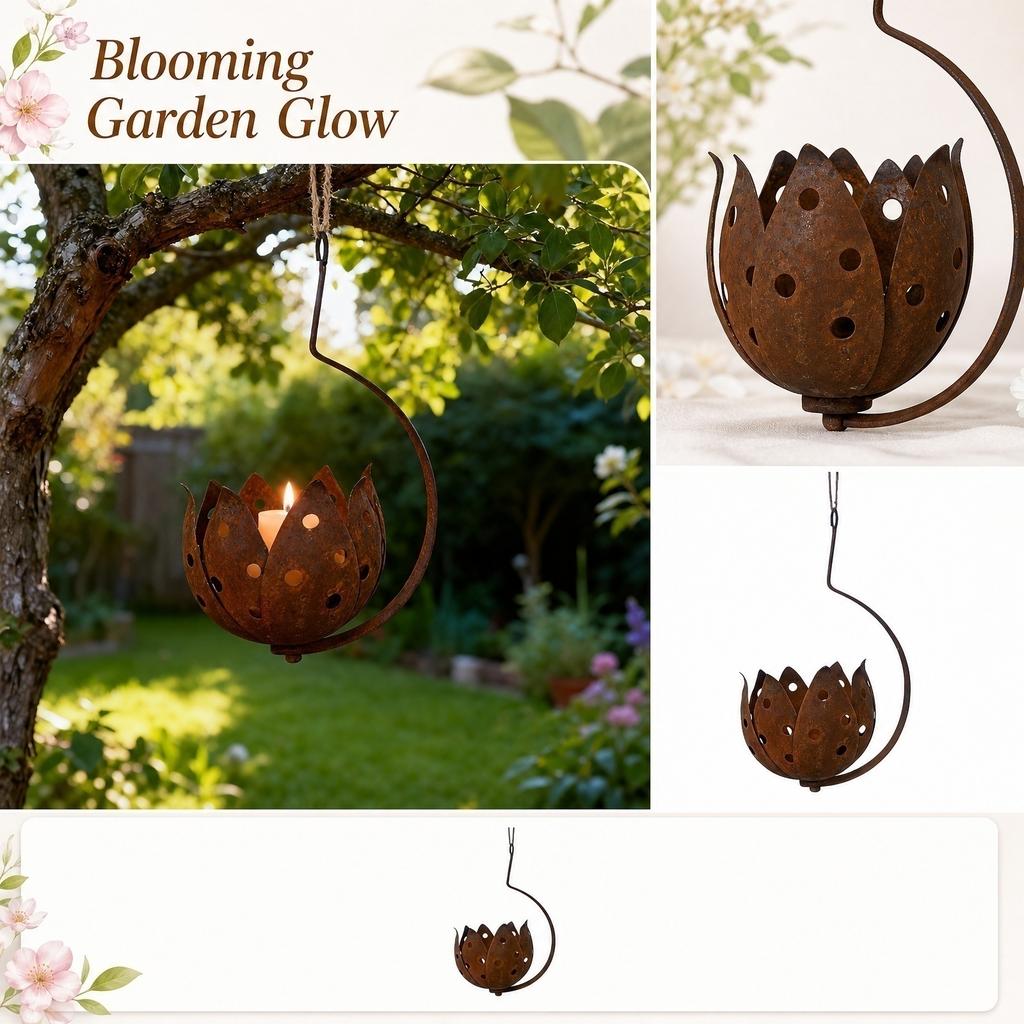 Outdoor Hängender Metallkerzenhalter Rost-Finish Eisen Blumen-Design Garten Terrassenlaterne Dekorative Hängende Kerzenhalterung