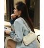 Women's Genuine Leather Cloud Pleated Shoulder Bag with Golden Ball Detail