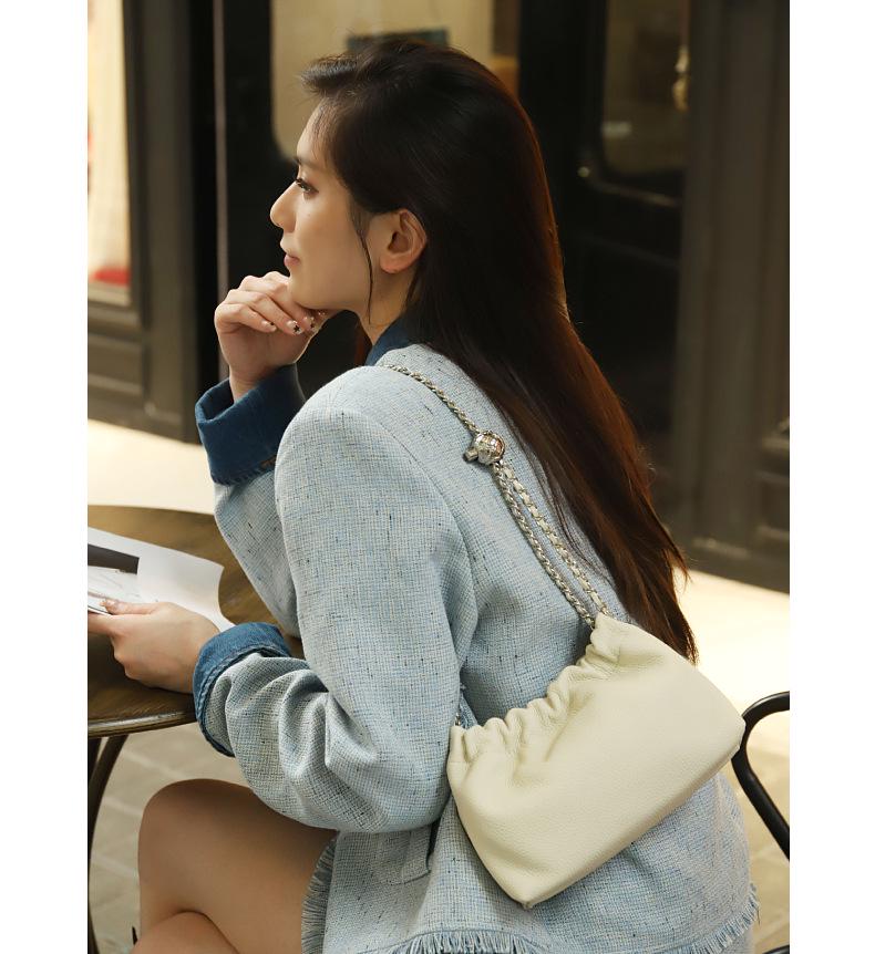 Women's Genuine Leather Cloud Pleated Shoulder Bag with Golden Ball Detail