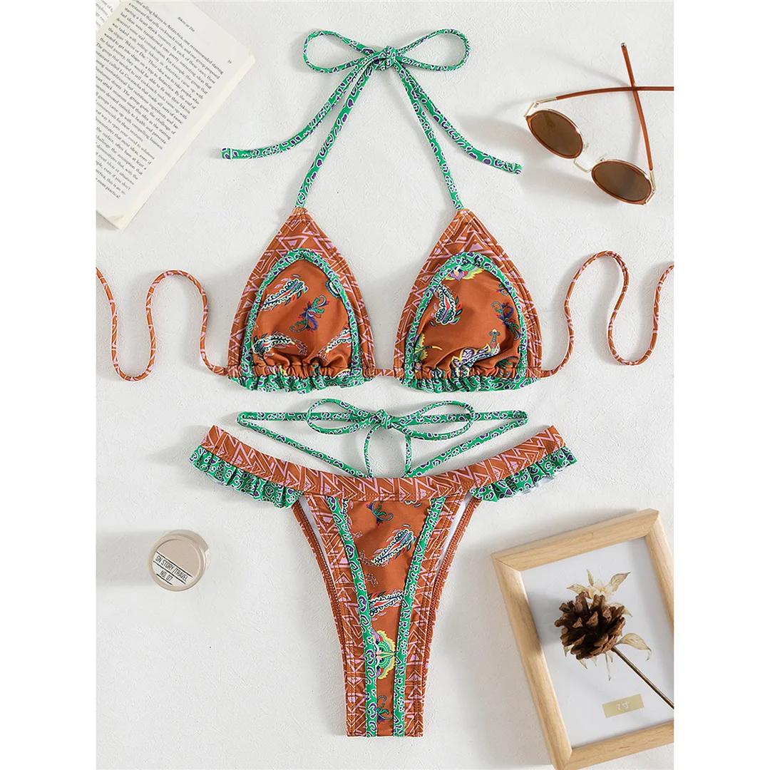 

5 цветов сексуальный принт халтер оборки бикини женский купальник женский купальник из двух частей бикини комплект купальный костюм купальный костюм L красный