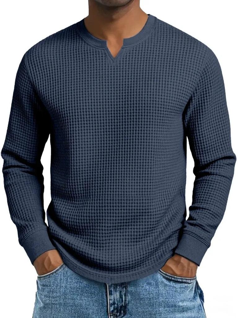 Herren Plus Size Waffel Karomuster Slim Fit Langarm V-Ausschnitt Lässiges T-Shirt
