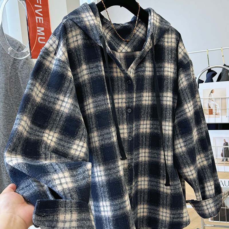 Kåpe for kvinner Bomull Høst Vinter Fortykket Casual Oversize Retro Løstsittende Langermet Rutete Børstet Jakke