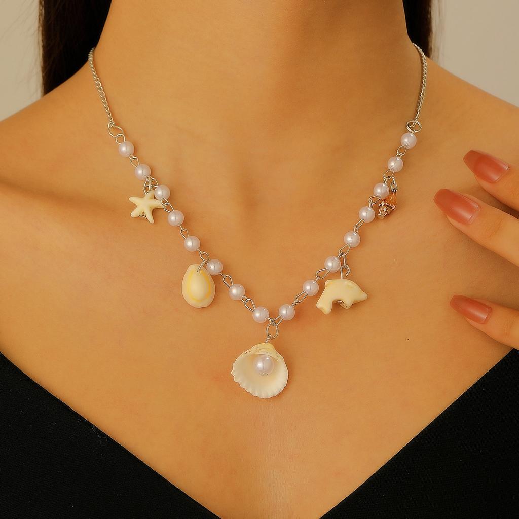 Cute Sweet Dopamine Colored Flower Shell Star Pearl Beaded Collar Chain for Women Beach Vacation Pendant Necklace Jewelry Gifts