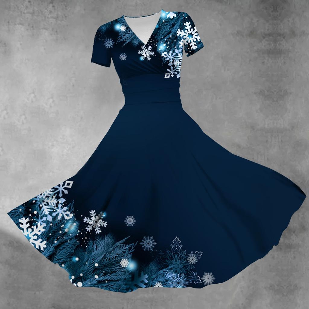 Dámské princeznovské šaty Sexy V-výstřih Vánoční potisk Krátký rukáv Rozšířené šaty