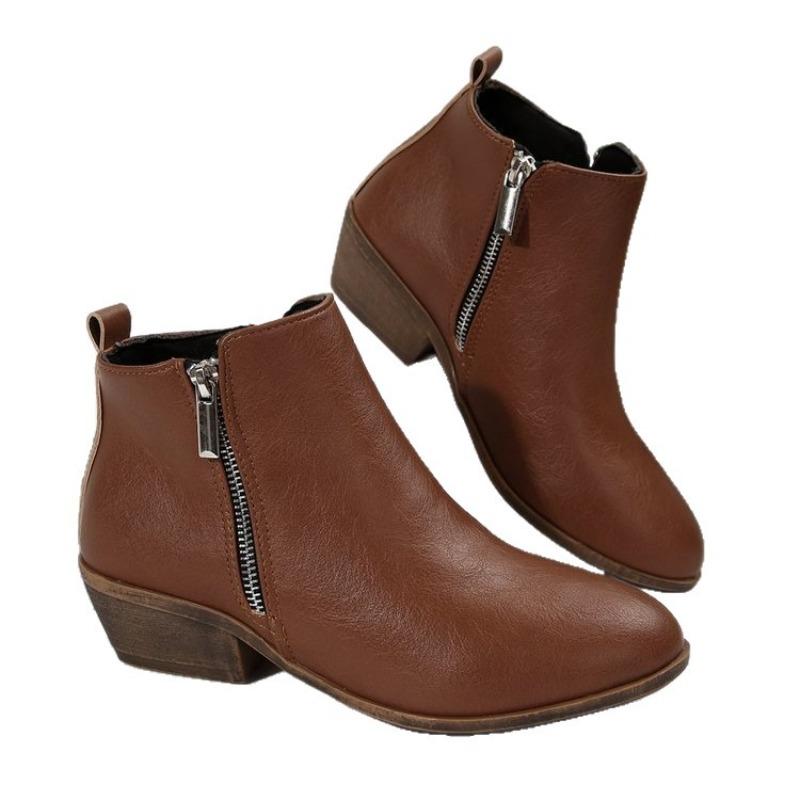 Bocanci Martin pentru Femei cu Vârf Ascuțit, Aspect Uzat, Cizme din Piele cu Toc Gros și Fermoar Lateral, Mărimi Mari, Pantofi de Toamnă-Iarnă