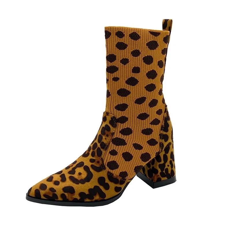 Sko Damer Mote Vinter Leopardmønster Strikkede Dame Støvletter Semsket Spiss Tå Tykk Høy Hæl Elegante Korte Støvletter Zapatos