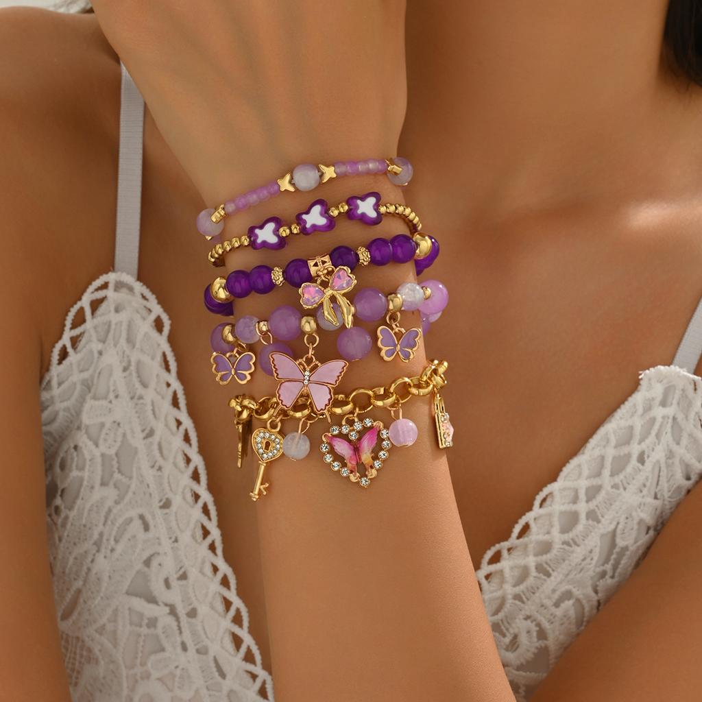 5pcs Purple Fashion Minimalist Butterfly Pendant Bracelet Handmade Beaded Bracelet Jewelry