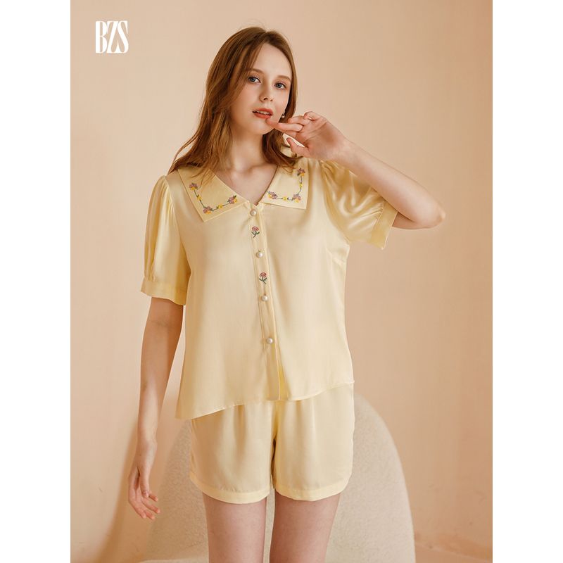 Summer 2024 Short Sleeve Embroider Rose Casual Shorts Cute plus Size Comfort Pajamas Homewear Suit Women