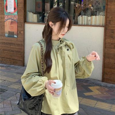 Camisa Feminina de Manga Comprida com Gola Alta e Laço, Cor Sólida, Decoração de Botões Diagonais, Camisas da Moda, Outono, Mulher, Solta, Estilo Coreano, Manga Comprida, Tops