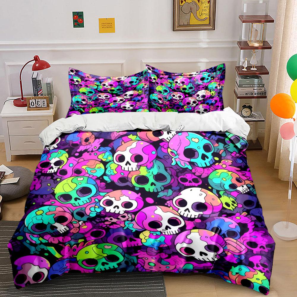 Colorful Skull Themed Decor Set Bedding Set With 1 Duvet Cover 2 Pillowcases Single Double King Queen, Gift