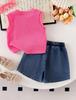 2026 Sommer Strick Oberteil ohne Ärmel mit Schleife & Gewaschene Jeansshorts Set