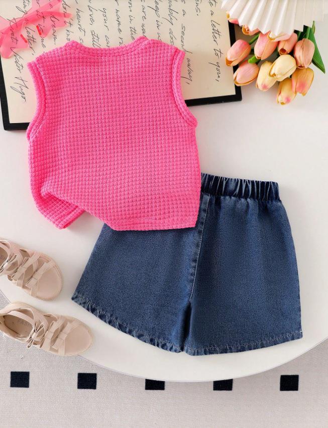 2026 Sommer Strick Oberteil ohne Ärmel mit Schleife & Gewaschene Jeansshorts Set