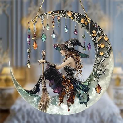 Yousheng Halloween Moon Witch Hanging Decoration Stained Glass 2D Flat Acrylic Faux Crystal Pendant Witch Suncatcher Wall Window Hanging Sign Ornament