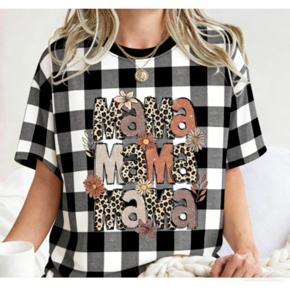 Funny Striped Flower Leopard Mama Print Kids Short Sleeves T-Shirt Loose Casual Summer Outdoor Street Boy and Girl Tees Tops
