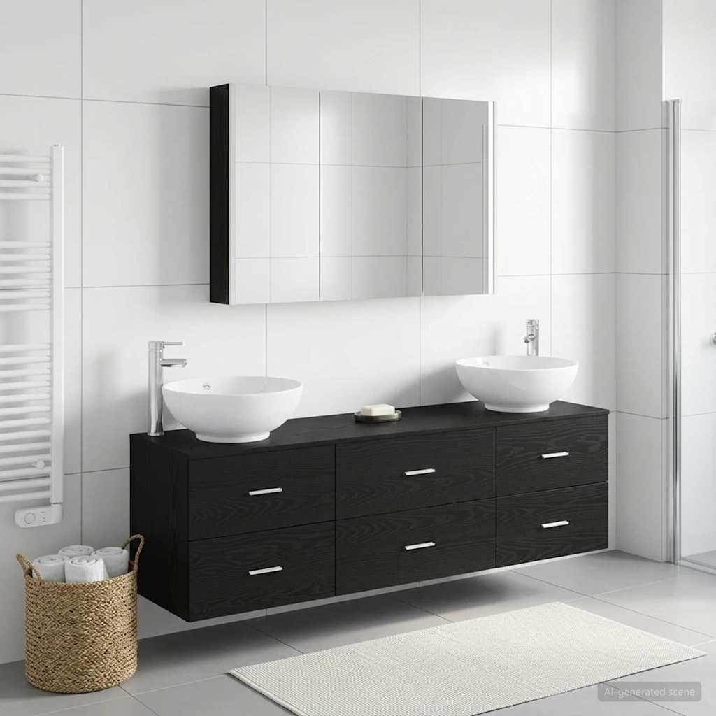 Bathroom Furniture Set 4 Pcs Black Oak Engineered Wood and Glass