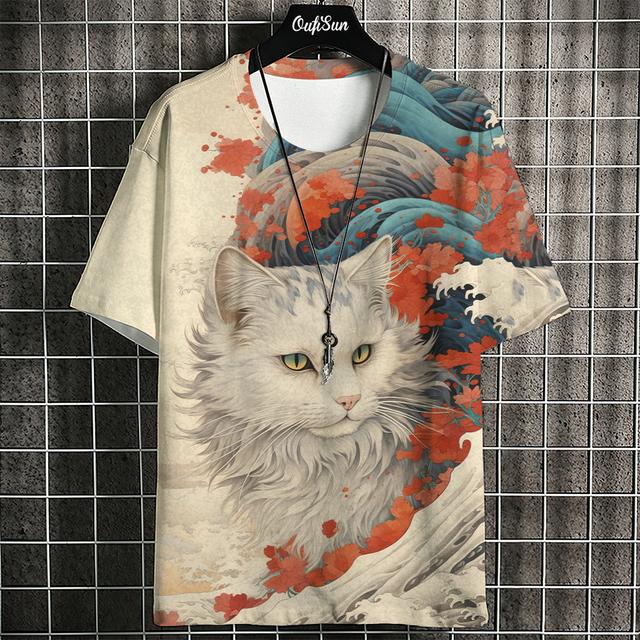 Camiseta Estampada de Gato de Anime de Dibujos Animados Para Hombre Camisetas Japonesas Camiseta de Lobo Tops Hip Hop para Exterior Ropa Camisetas Casuales Sueltas de Manga Corta