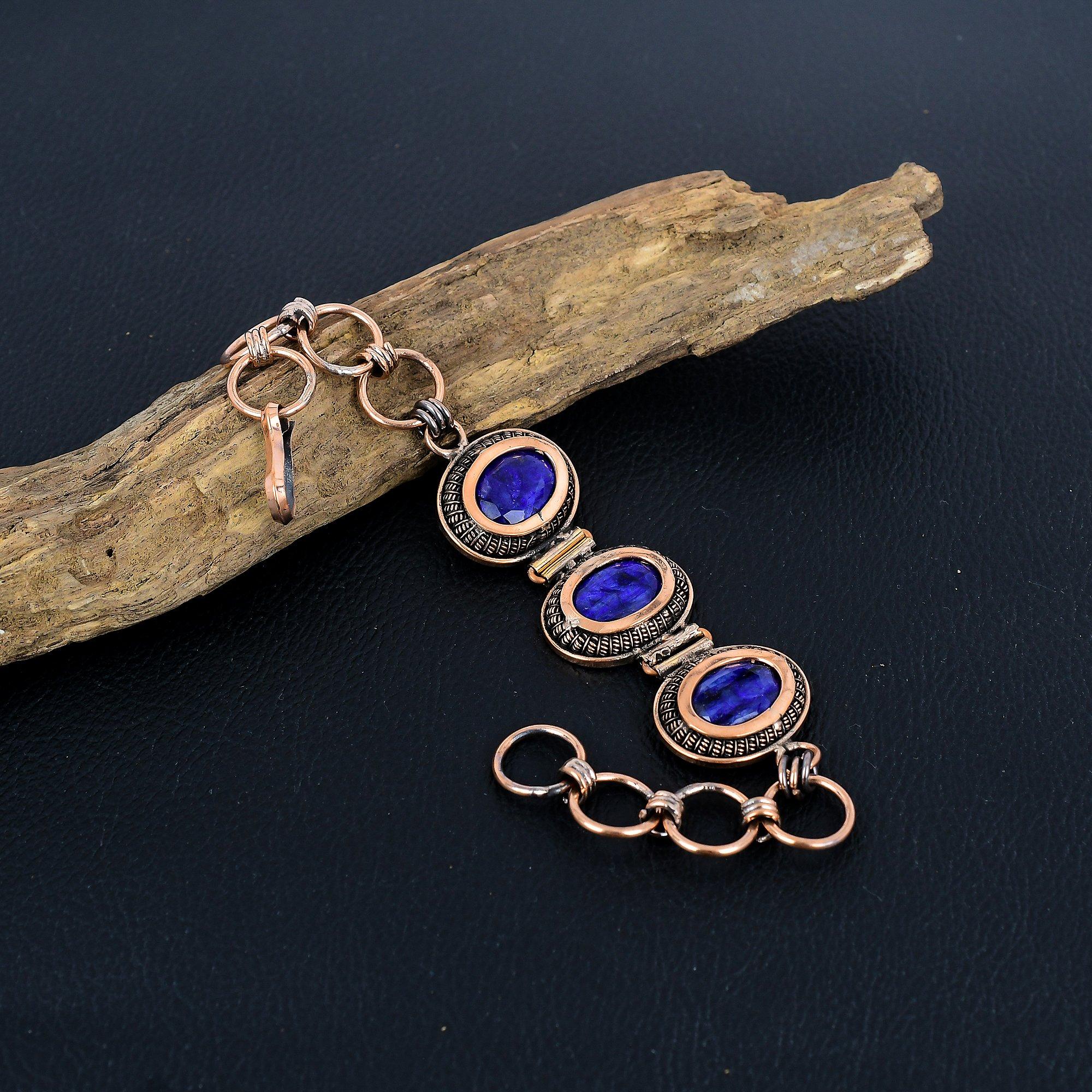 

Браслет с синим сапфиром, Браслет из натуральных камней ручной работы, Антикварное украшение, обернутое медной проволокой 999 пробы, Для подарка на помолвку