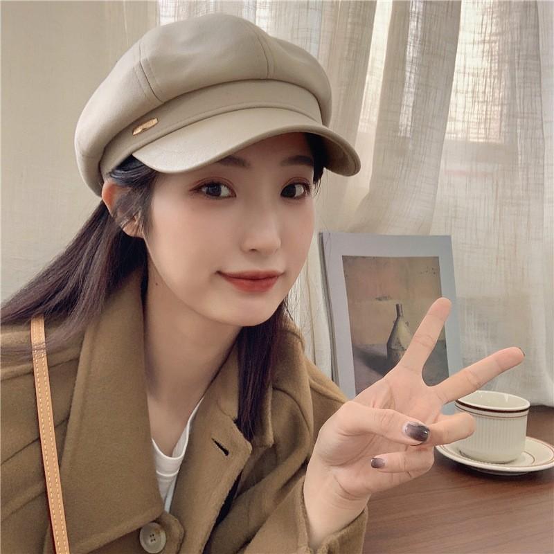 Spring and Autumn Hat Women's Autumn and Winter Versatile Temperament Leather Along Wool Octagonal Hat Quality Retro Newsboy Hat