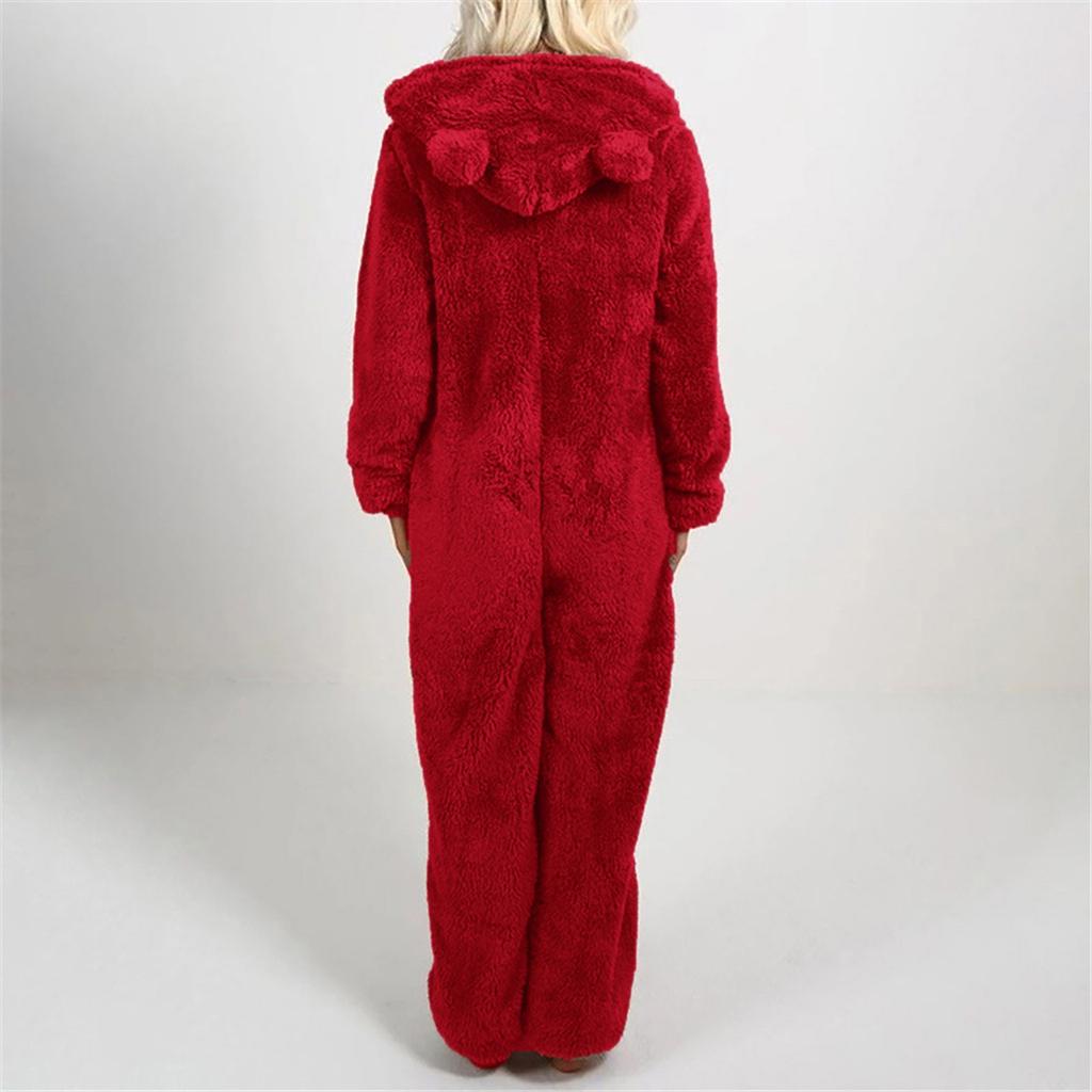 Women Long Sleeve Hooded Jumpsuit Pajamas Casual Winter Warm Rompe Sleepwear