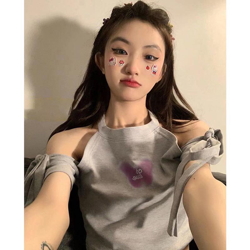 

Korean Spicy Girl Off-Shoulder Lace-Up Halter Top - Trendy Spring/Summer Short T-Shirt L [Recommended for 45-52 kg] серый