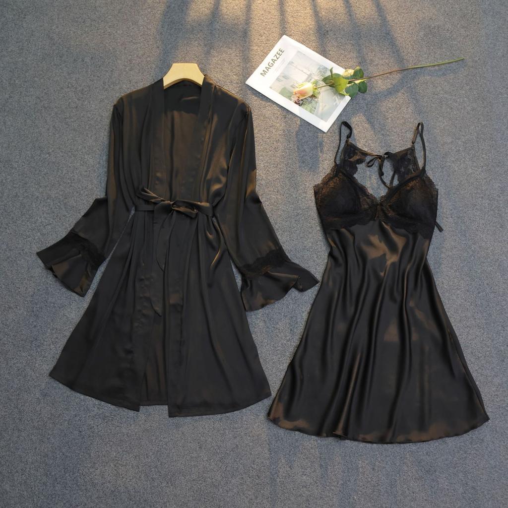 New nightgown women's nightgown hanging skirt two-piece set black lace lace sexy suit luxury loungewear