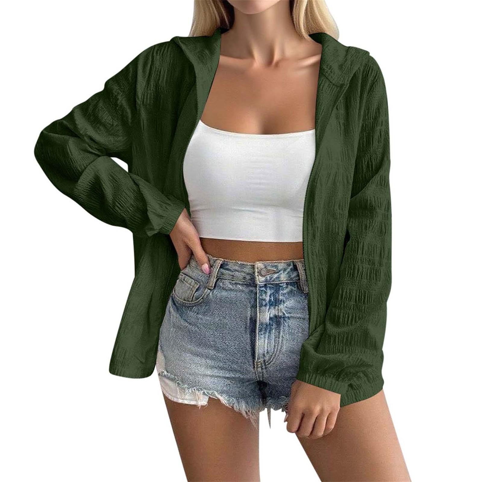 

Women s Solid Color Long Sleeved Hooded Zipper Thin Jacket L армія зелений колір