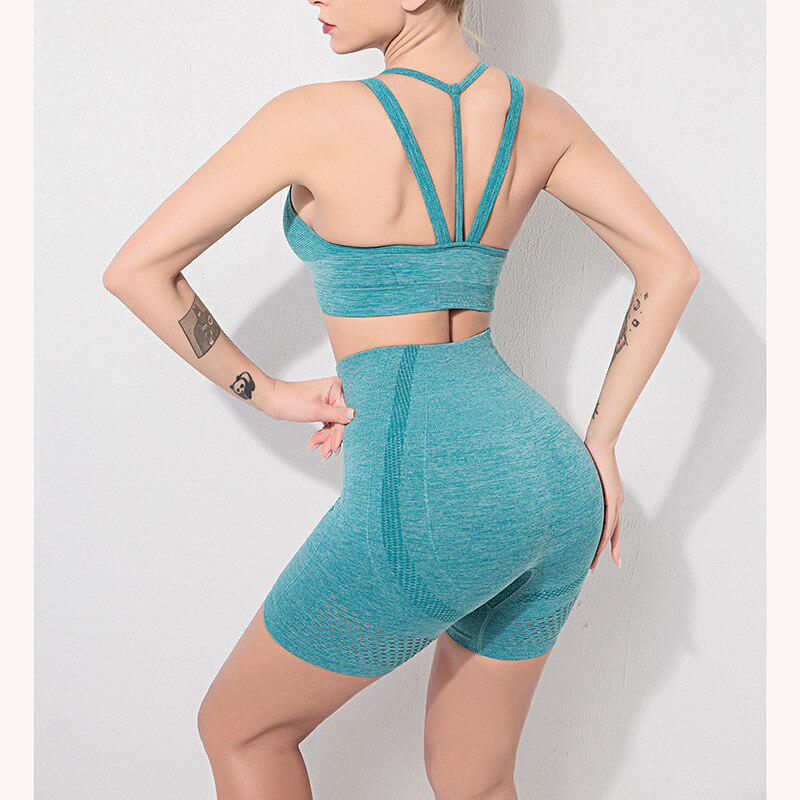 Women Fitness Tracksuit 2 Pieces Set Slim Crop Top +Seamless Shorts Active Wear Outfits Suit