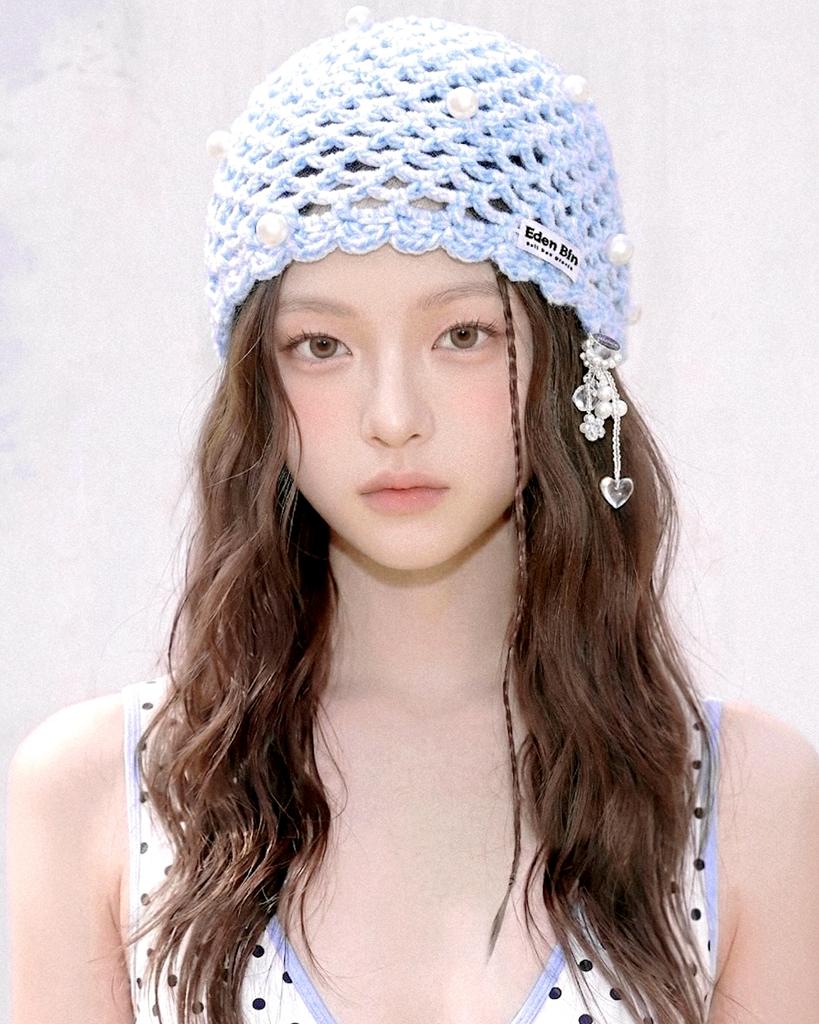 Ideunbin Pearl Blueberry Charm Handmade Crochet Beanie - Denim Blue