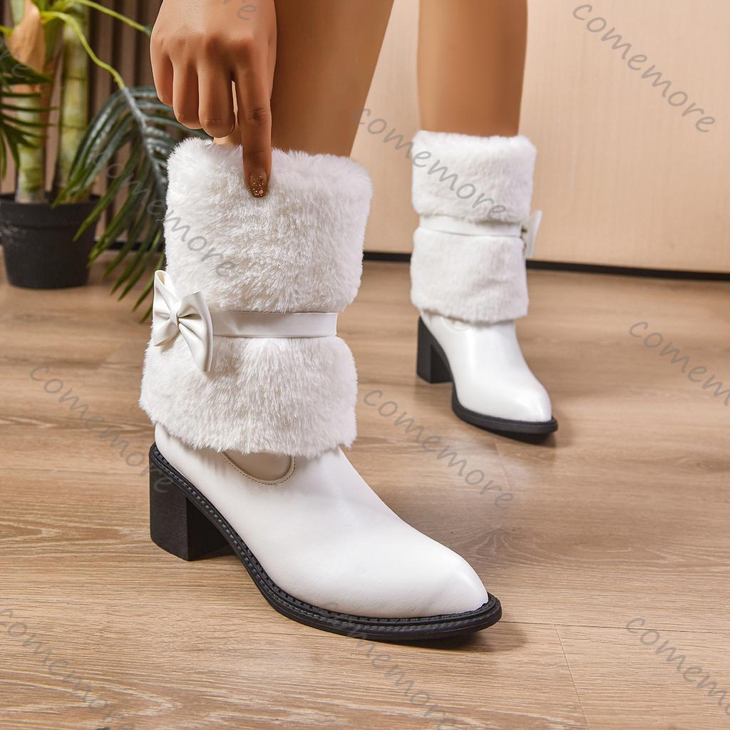 Comemore Autumn Winter New High-heeled Chunky Snow Boots Fur Warm Casual Bow Women Shoes Female Plush Mid-calf Boots