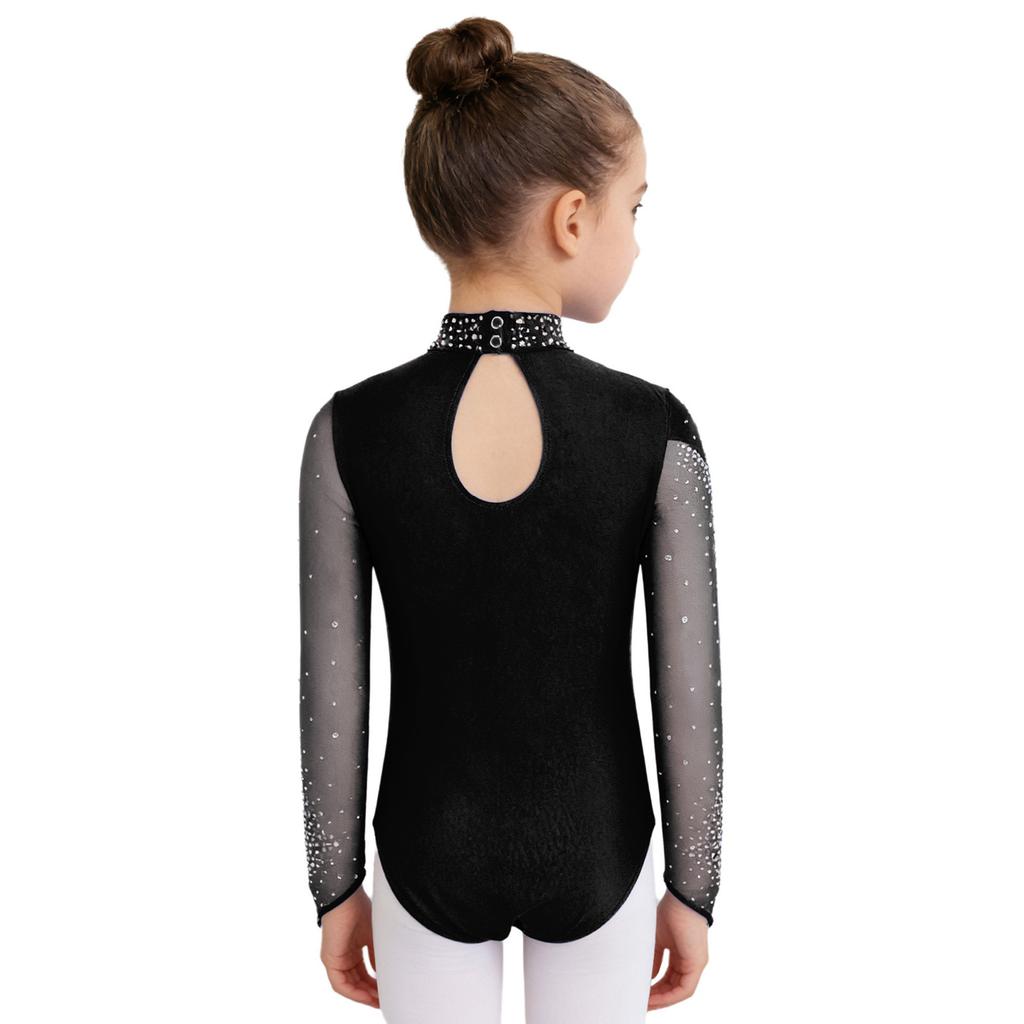 Leotardo de patinaje artístico para niñas Cuello alto Manga larga Espalda descubierta Parche de malla Patchwork Brillante Pedrería Bodis