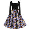 Women Vintage Long Sleeve Square Neck Dress Halloween Party Printed Full Skirt Retro Style Midi Dress with Waist Tie