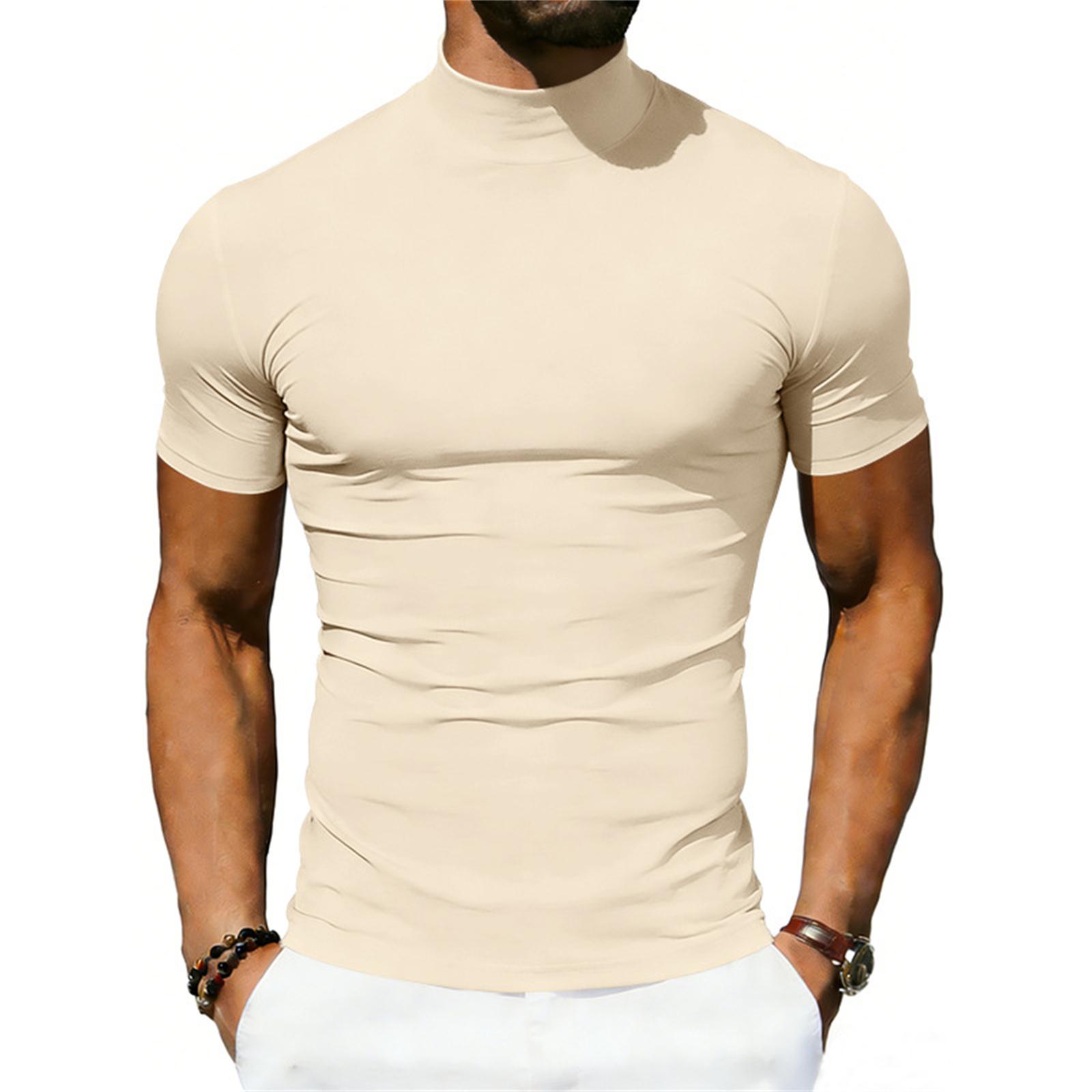Мужская повседневная футболка с высоким воротником, эластичная, быстросохнущая, дышащая, облегающая, с коротким рукавом L бежевый