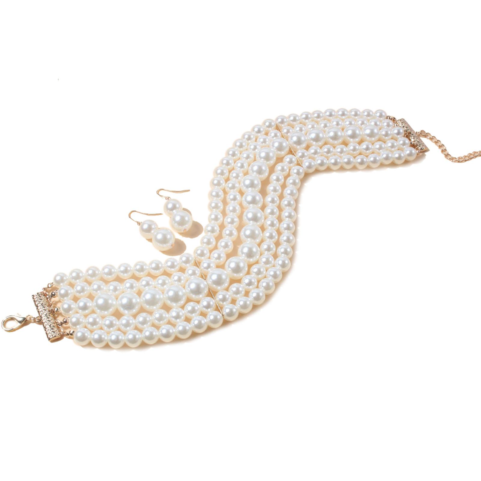 Faux Pearl Choker Necklace and Dangle Earrings Multi-Layer Pearl Choker Necklace Women Jewelry Elegant Collar Necklace 1
