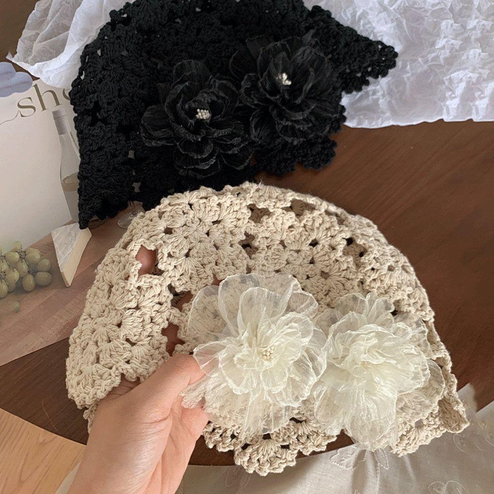 Flowers Beret Cap Lace Hand Woven Yarn Cap Casual Skullies Hat Autumn