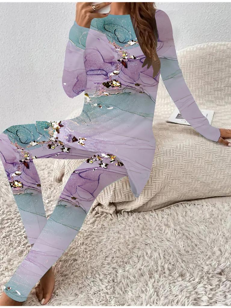Euro-American Fashion 3D Marbling Printed Women's  Four-season Long-sleeved T-shirt + Long Pants Two-piece Set. Perfect Gift for New Year