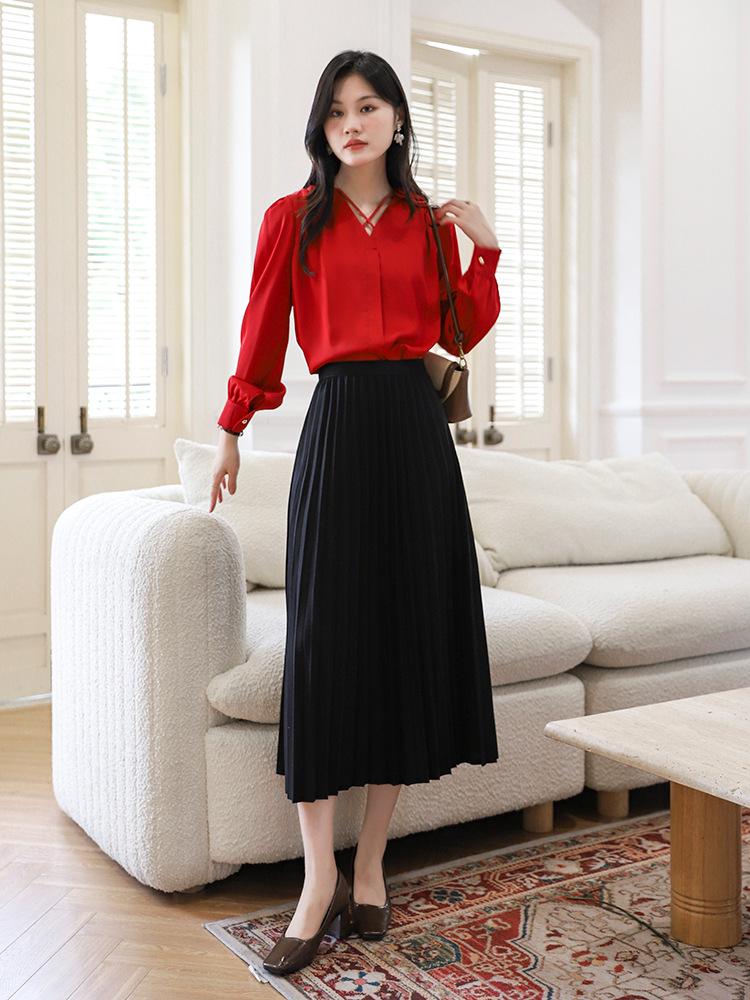 Temperamental Elegant High-Waist Woolen Pleated Skirt - Women's Mid-Length Swing Skirt