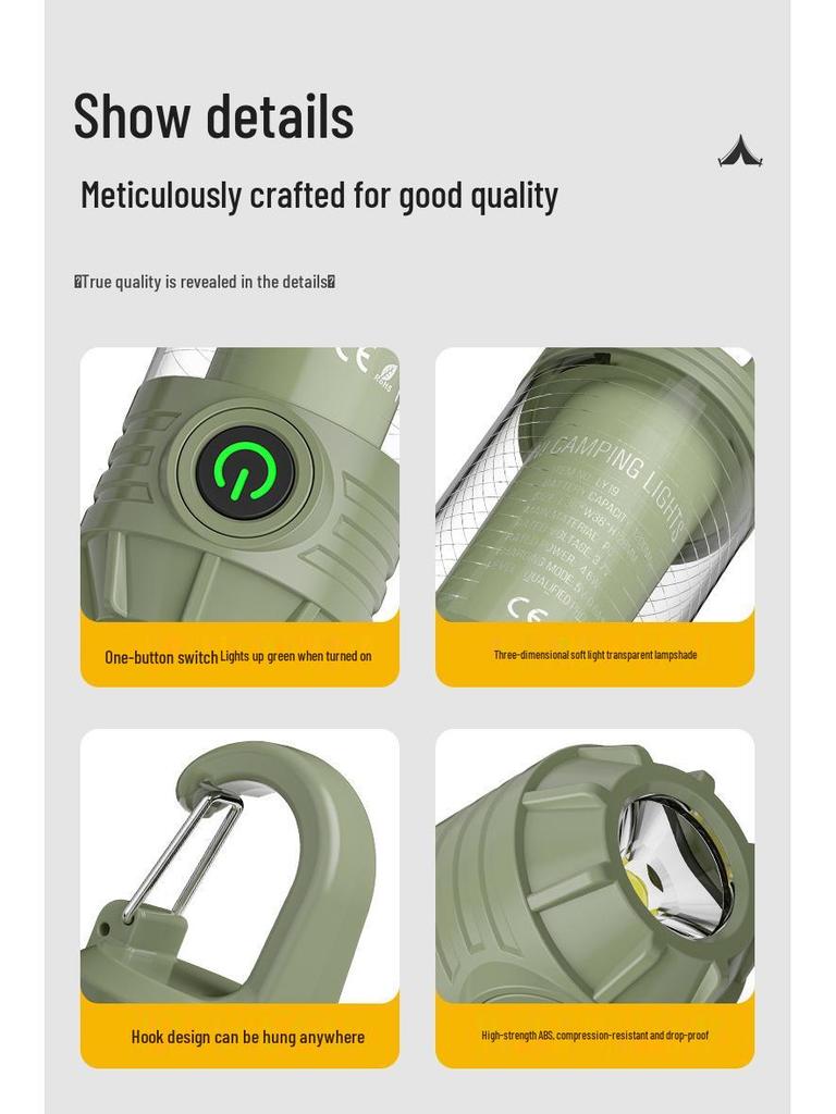 Portable Waterproof Camping Light with Type-C Charging, Hook, and Emergency Lighting