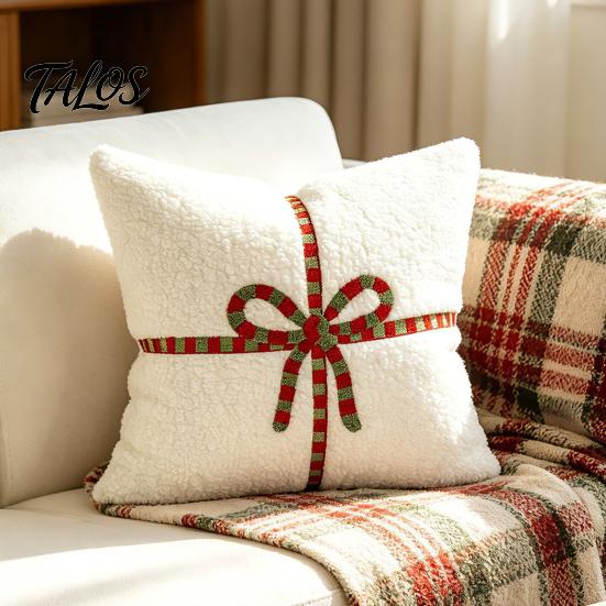 Christmas Throw Pillow Covers Cover, Bow Knot Pattern Cushion 18x18 Inch Theme Soft Plush Case for Sofa Couch Holiday Home Decor Luxury Shells