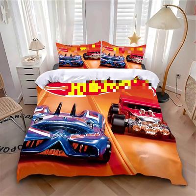 Bedding Set 3D Cartoon Car Duvet Cover Set 155x220 Cm Soft Microfiber Duvet Cover and 1/2 Zippered Pillowcase 75x50 Cm