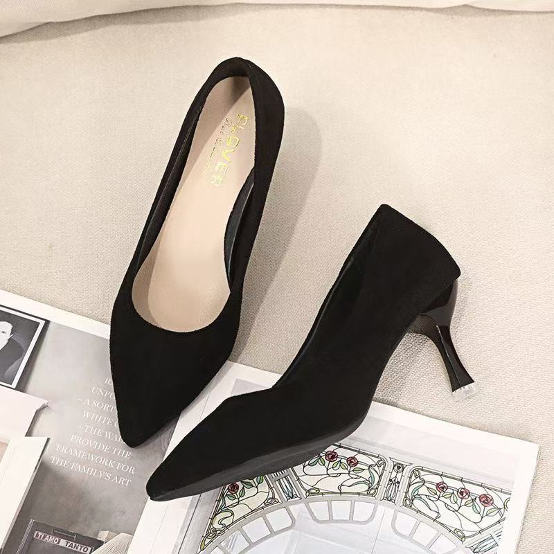 Student etiquette black stiletto high heels low heels women's new stiletto pointed suede work shoes women