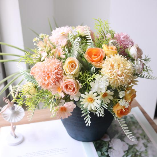 Fleurs Artificielles Haute Simulation Pétales en Soie Toucher Réel Tiges en Fil de Fer Réglables Roses Mixtes Hortensias Marguerites Sans Entretien Décoration de Maison Cadeaux