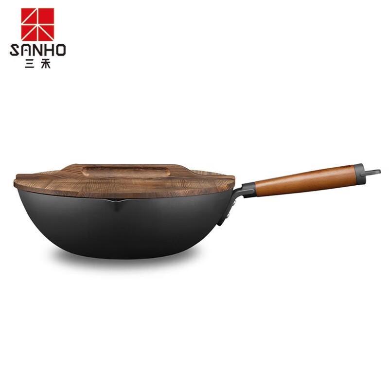 Sanhe 30cm Rust-Resistant Iron Wok with Solid Wood Lid